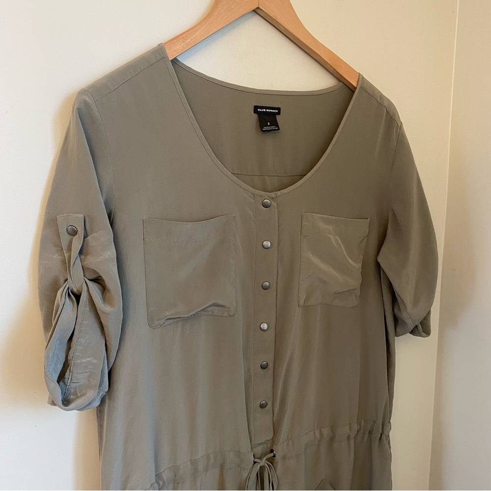 Club Monaco 100% Silk Utility Mini Shirt Dress Size 2 Green Minimalist - Picture 3 of 9